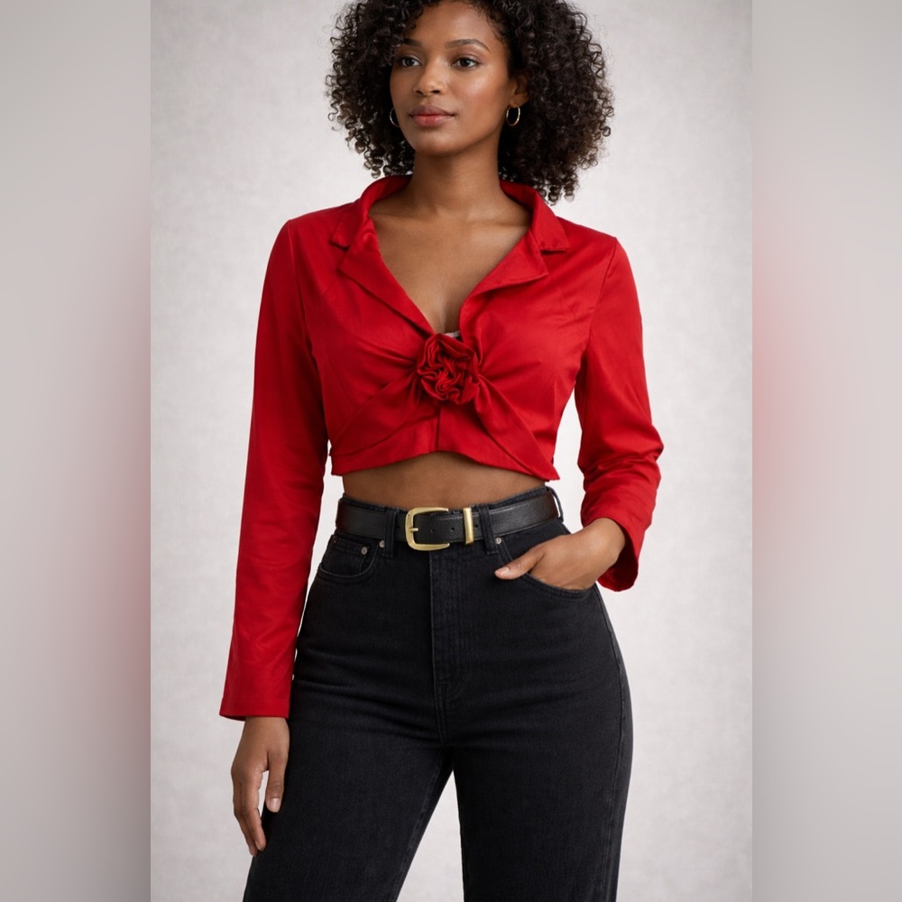 Fashion Nova Red Satin Crop Top XL  Long Sleeve Tie Detail